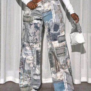 Women's Fashion Patchwork Print Wide Leg Jeans